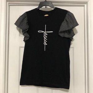Women casual polka dots ruffles Jesus black top